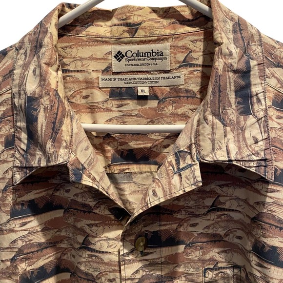 Columbia Other - Columbia Fish Print Shirt XL Mens Tan Brown Short Sleeve Button‎ Down Cotton